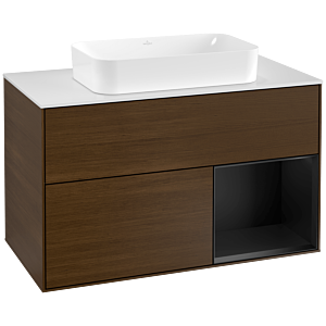 Villeroy und Boch Finion Waschtischunterschrank G251PDGN 100cm, Abdeckplatte white matt, Emotion, Regal rechts Black matt lacquer, Walnut veneer